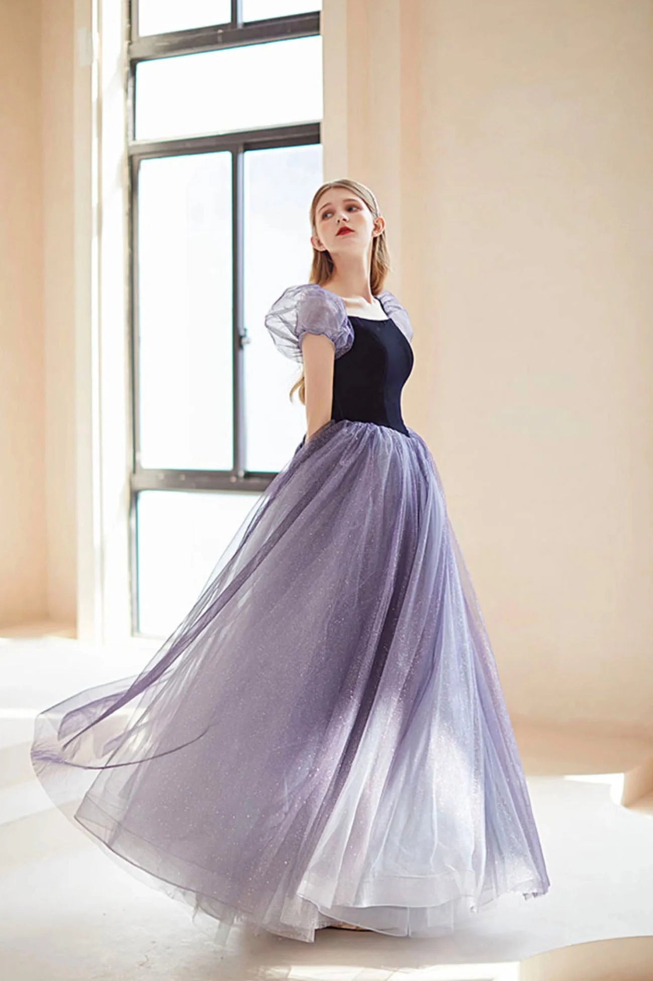 Cute A-Line Square Neck Short Sleeve Lace Up Floor-Length Prom Dress